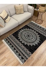 Cotton Serisi Siyah Krem Antika Eskitme Desen Dekoratif Dokuma Taban Kilim