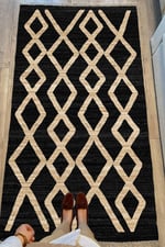 Cotton Serisi Siyah Ve Hasır Görünümlü Otantik Etnik Desenli Dekoratif Dokuma Taban Kilim