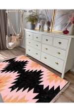 Cotton Serisi Siyah Ve Pembe Tonlarında Geometrik Desen Dekoratif Dokuma Taban Kilim
