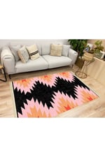 Cotton Serisi Siyah Ve Pembe Tonlarında Geometrik Desen Dekoratif Dokuma Taban Kilim