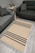 Cotton Serisi Süt Kahve Ve Koyu Gri Tonlarında Ince Bordürlü Dekoratif Dokuma Taban Kilim