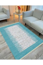 Cotton Serisi Turkuaz Rengi Ortası Su Yolu Eskitme Modern Desen Dekoratif Dokuma Taban Kilim