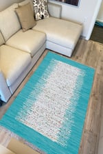 Cotton Serisi Turkuaz Rengi Ortası Su Yolu Eskitme Modern Desen Dekoratif Dokuma Taban Kilim