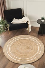 Doğal Jüt Görünümlü Yuvarlak Halı Minimal Çizgili Dekoratif Halı 994