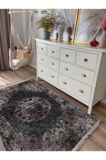 Eskitme Siyah Desenli Yıkanabilir Kaymaz Tabanlı Salon Halısı, Koridor Ve Mutfak Halısı