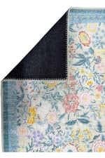 Flora Pastel Mavi Pembe Sarı Floral Bahçe Desenli Yıkanabilir Pamuk Taban Oturma Odası Halısı 501