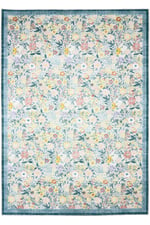 Flora Pastel Mavi Pembe Sarı Floral Bahçe Desenli Yıkanabilir Pamuk Taban Oturma Odası Halısı 501