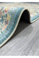 Flora Pastel Mavi Pembe Sarı Floral Bahçe Desenli Yıkanabilir Pamuk Taban Oturma Odası Halısı 501