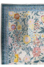 Flora Pastel Mavi Pembe Sarı Floral Bahçe Desenli Yıkanabilir Pamuk Taban Oturma Odası Halısı 501