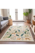 Floral Bej Tonlarında Pastel Botanik Tema Dokuma Taban Salon Halısı Çocuk halısı  mars254