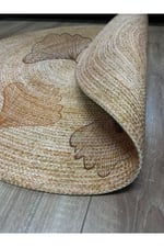 Floral Desenli Örgü Yuvarlak Natural Çift Taraflı Halı Boho 907