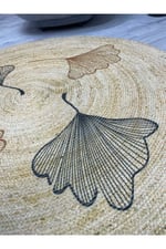 Floral Desenli Örgü Yuvarlak Natural Çift Taraflı Halı Boho 907