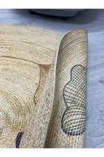 Floral Desenli Örgü Yuvarlak Natural Çift Taraflı Halı Boho 907