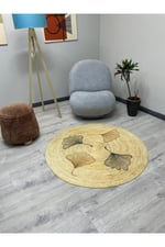 Floral Desenli Örgü Yuvarlak Natural Çift Taraflı Halı Boho 907
