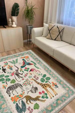 Floral Sevimli Hayvan Temalı Çok Renkli Dokuma Taban Halı Salon Halısı Çocuk Halısı Mars 249