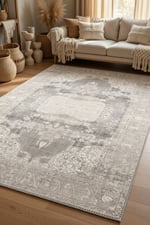 Gri Bej Vintage Eskitme Desenli Klasik Salon Halısı– Soft Tonlu Madalyonlu Dekoratif Halı 2126