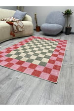 Kaymaz Tabanlı Modern Ekose Halı - Pembe Turuncu Yeşil Kareli 2296