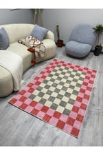 Kaymaz Tabanlı Modern Ekose Halı - Pembe Turuncu Yeşil Kareli 2296