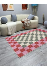 Kaymaz Tabanlı Modern Ekose Halı - Pembe Turuncu Yeşil Kareli 2296