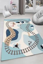 Kidsy 4005 Tren Ray Temalı Çocuk Odası Kaymaz Taban Dekoratif Halı