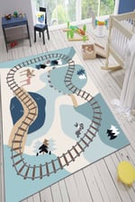 Kidsy 4005 Tren Ray Temalı Çocuk Odası Kaymaz Taban Dekoratif Halı