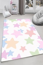 Kidsy 4009 Çocuk Odası Renkli Yıldız Kaymaz Taban Dekoratif Halı
