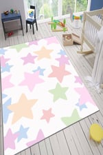 Kidsy 4009 Çocuk Odası Renkli Yıldız Kaymaz Taban Dekoratif Halı