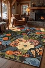 Koyu Zemin Çiçekli Halı Modern Floral Desenli Salon Oturma Odası Halısı 2183
