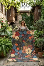 Koyu Zemin Çiçekli Halı Modern Floral Desenli Salon Oturma Odası Halısı 2183