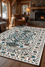 Krem Turkuaz Vintage Desenli Kaymaz Taban Salon Halısı 2230