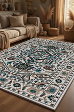 Krem Turkuaz Vintage Desenli Kaymaz Taban Salon Halısı 2230