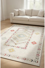 Krem Zeminli Etnik Geometrik Desenli Modern Kilim Pastel Renkli Dekoratif Salon Halısı 2128