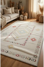 Krem Zeminli Etnik Geometrik Desenli Modern Kilim Pastel Renkli Dekoratif Salon Halısı 2128