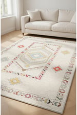 Krem Zeminli Etnik Geometrik Desenli Modern Kilim Pastel Renkli Dekoratif Salon Halısı 2128