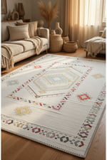 Krem Zeminli Etnik Geometrik Desenli Modern Kilim Pastel Renkli Dekoratif Salon Halısı 2128
