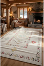 Krem Zeminli Etnik Geometrik Desenli Modern Kilim Pastel Renkli Dekoratif Salon Halısı 2128