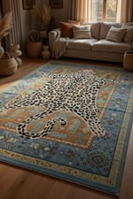 Leopar Postu Şeklinde Desenli Halı - Bohem Etnik Turkuaz Çerçeveli Vahşi Salon Halısı