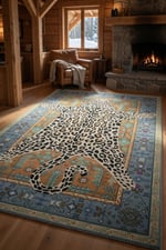 Leopar Postu Şeklinde Desenli Halı - Bohem Etnik Turkuaz Çerçeveli Vahşi Salon Halısı