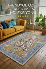 Leopar Postu Şeklinde Desenli Halı - Bohem Etnik Turkuaz Çerçeveli Vahşi Salon Halısı