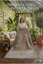 Leopar Postu Şeklinde Desenli Halı - Bohem Etnik Turkuaz Çerçeveli Vahşi Salon Halısı
