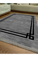 Mars 2064 Siyah Çerçeve Desenli Yıkanabilir Kaymaz Salon Halısı, Koridor Ve Mutfak Halısı