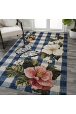 Mars 210 Mavi Beyaz Ekose Çiçek Kelebek Figürlü Modern Dokuma Taban Dekoratif Halı