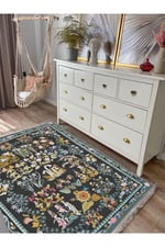 Mars 2188 Yeşil Çiçek Temalı Geleneksel Motifli Etnik Desenli Yıkanabilen Saçaklı Dekoratif Halı