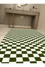 Mars Halı Yeşil Krem Dama Desenli Saçaklı Geometrik Salon Mutfak Koridor Halısı Mars E 35