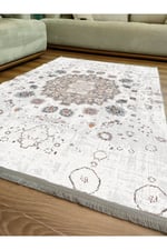Mars Serisi Gri Kahve Etnik Geometrik Desen Kaymaz Taban Şönil Halı