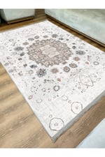Mars Serisi Gri Kahve Etnik Geometrik Desen Kaymaz Taban Şönil Halı