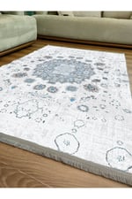 Mars Serisi Gri Mavi Etnik Geometrik Desen Kaymaz Taban Şönil Halı