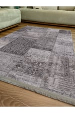 Mars Serisi Gri Tonlarında Patchwork Desen Kaymaz Taban Şönil Halı