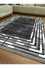 Mars Serisi Koyu Gri Ve Krem Tonlarında Çizgili Etnik Desen Kaymaz Taban Şönil Halı