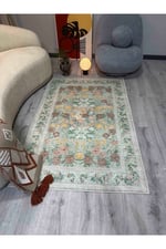Mars Serisi Vintage Çiçek Desenli Yeşil Dekoratif ve Yıkanabilir Dokuma Şönil Halı Bohem Oda Halısı